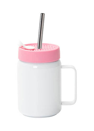 480 ml RVS Sublimatie Mok Wit met Handvat en Roze Deksel