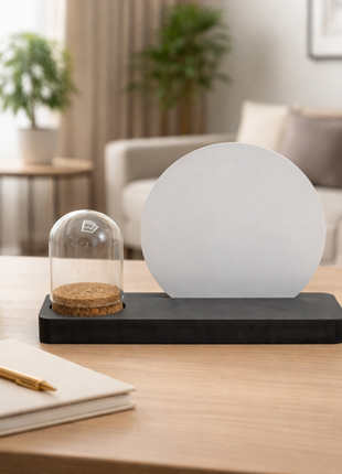 Plankje zwart mdf sublimatie cirkel met glazen globe en kurkstop
