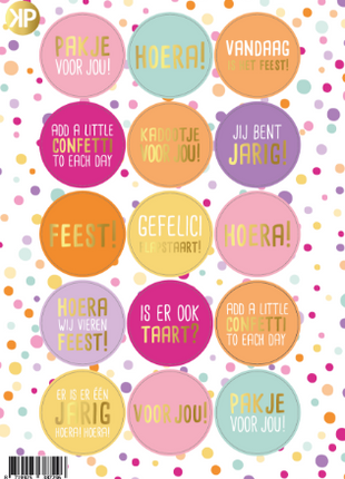 A5-stickervel Confetti Feest met diverse feestelijke stickers en luxe goudfolie