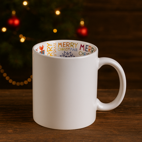 Kerstmok 330 ml met Vrolijk Kerstinterieur – Witte Keramische Mok voor Sublimatie
