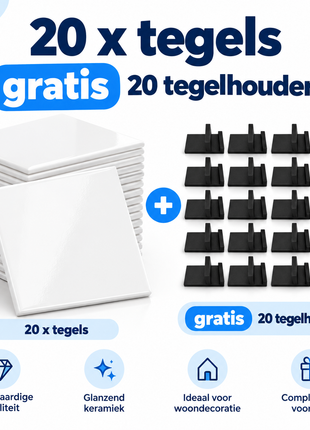 20 x Grote tegels 15x15+ glans 20 gratis tegelhouders