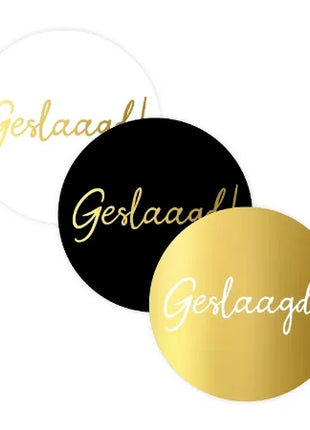 Set van 20 ronde Geslaagd stickers van 40 mm in drie kleurrijke varianten