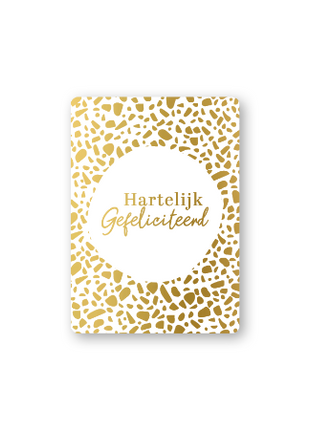 Wit A7-cadeaukaartje Hartelijk gefeliciteerd met goudfolie en afgeronde hoeken