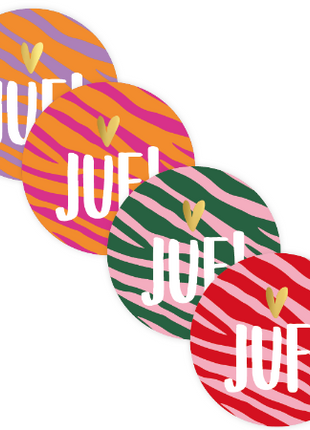 Juf+hart div.kleuren 4 x assorti  Stickers Rond 40 mm – 4 Varianten – Set van 75 Stuks