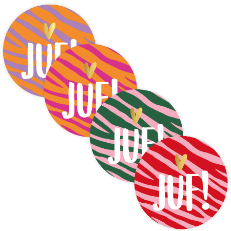 Juf+hart div.kleuren 4 x assorti  Stickers Rond 40 mm – 4 Varianten – Set van 20 Stuks